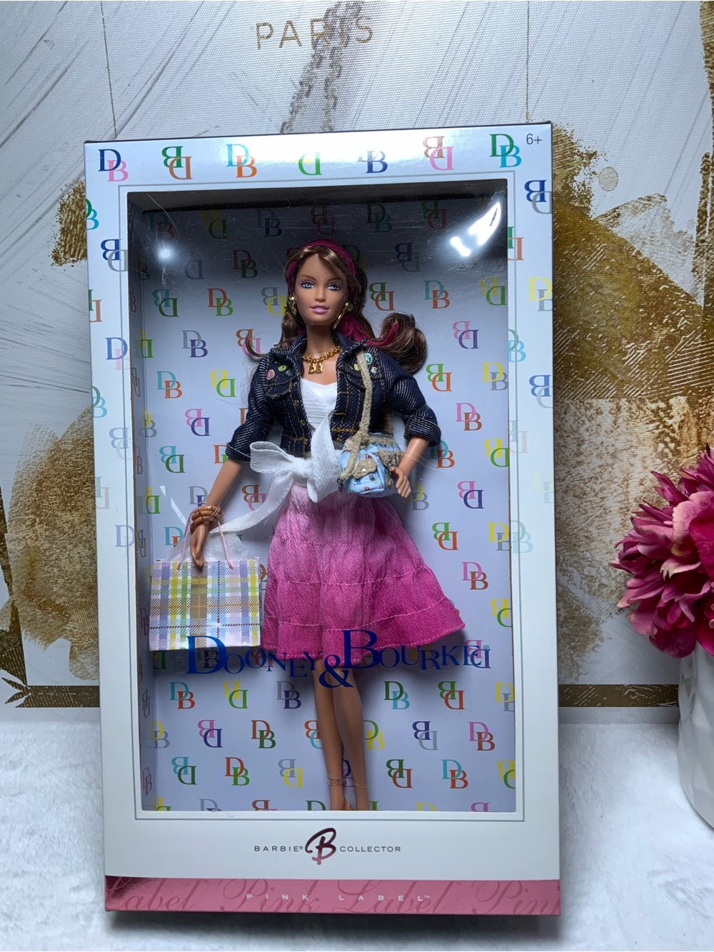 Dooney & Bourke Doll in Pink Ombre Skirt and Dark Denim Jacket